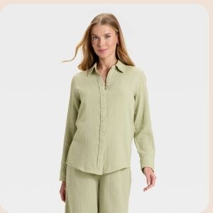 2 Pieces Gauze Collared Button-Down Shirt & Pants Universal Thread Olive Green